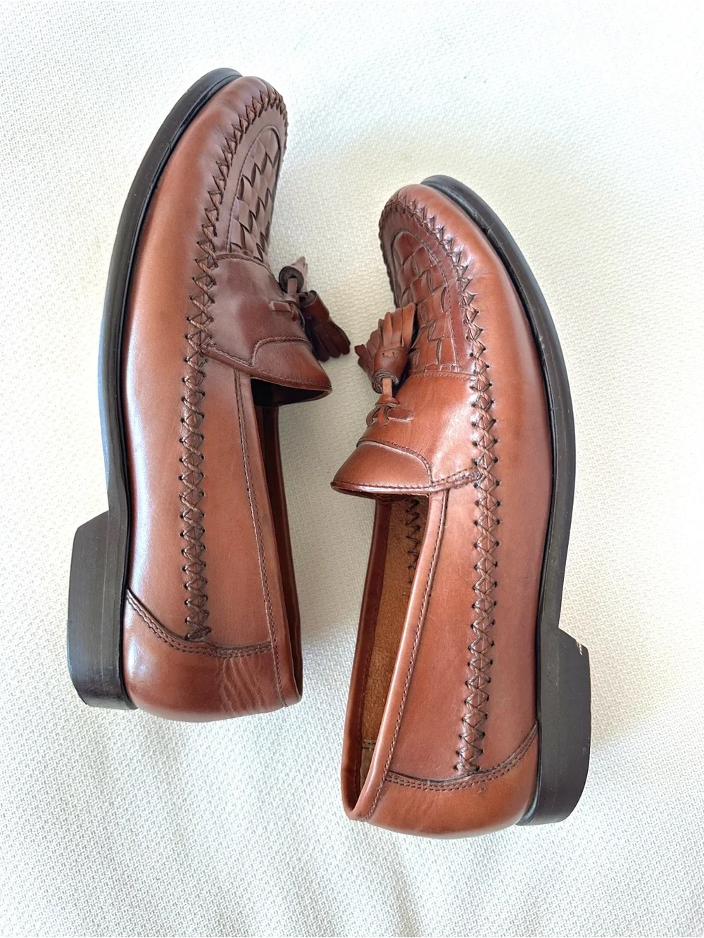 GH Bass Weejuns Mens Size 8 Loafers Brown Leather Woven Tassel Bellagio Moc Toe